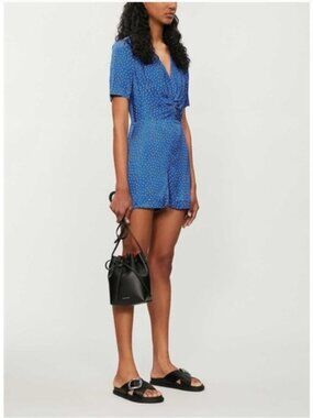 Maje Ilona Playsuit Leopard Print Satin V-Neck Ruched Front Romper size 38